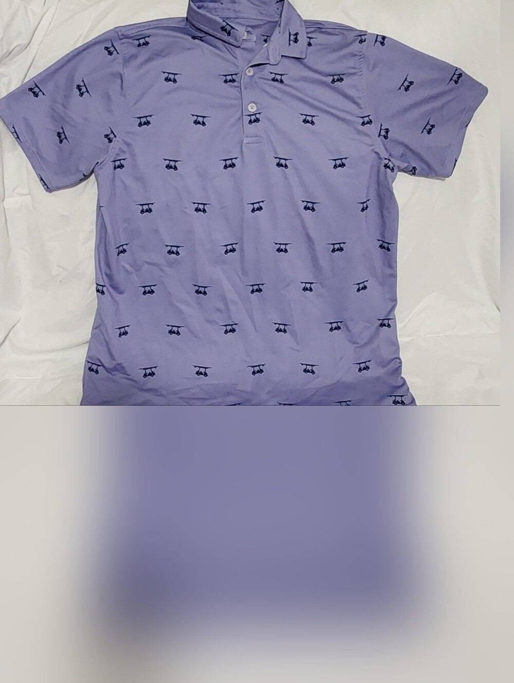 Bald Head Blues Kids Sz 14 Short Sleeve Polo Shirt Lavender &Navy Golfcart Print